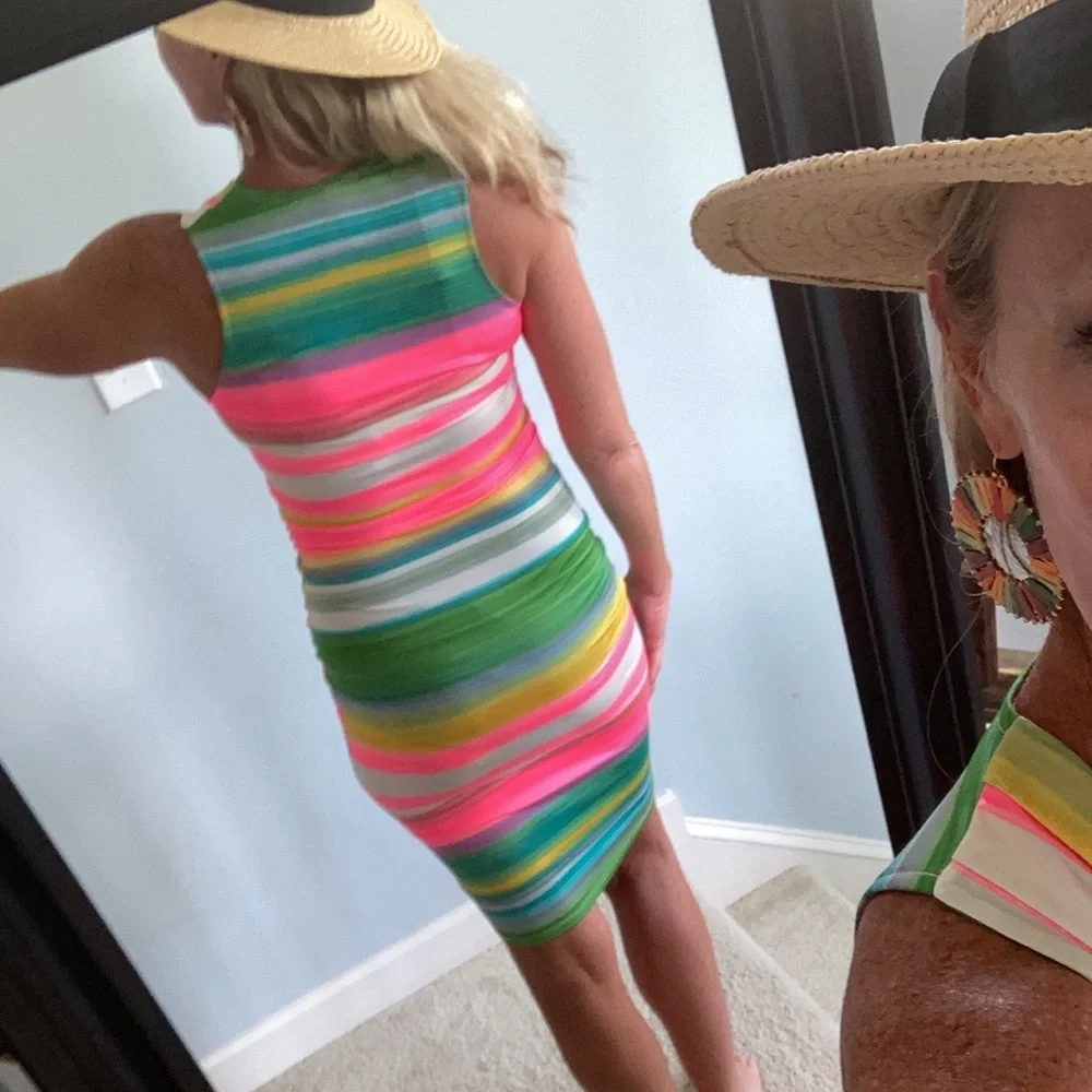 Striped, Draped Neck Fitted Dress - Picture 10 of 16
